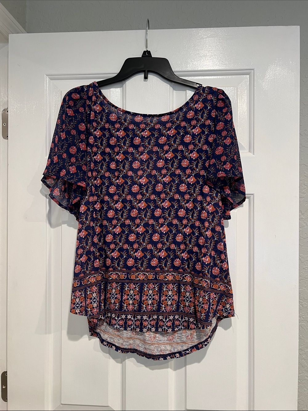 Lucky Brand Navy Floral Flutter-Sleeve Blouse